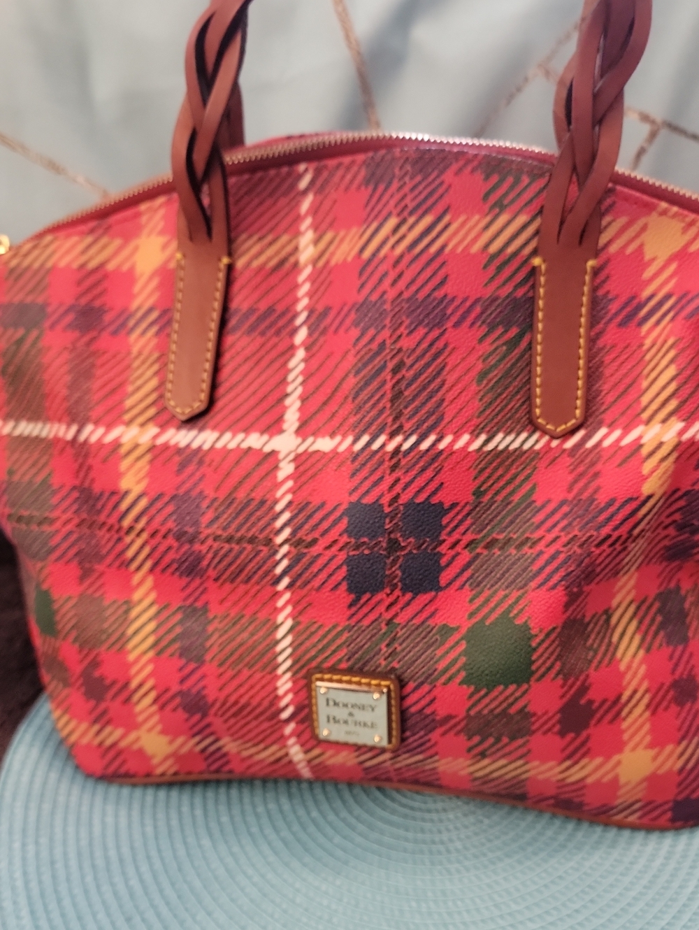 Dooney & Bourke Red Plaid Tote with Brown Braided Handles